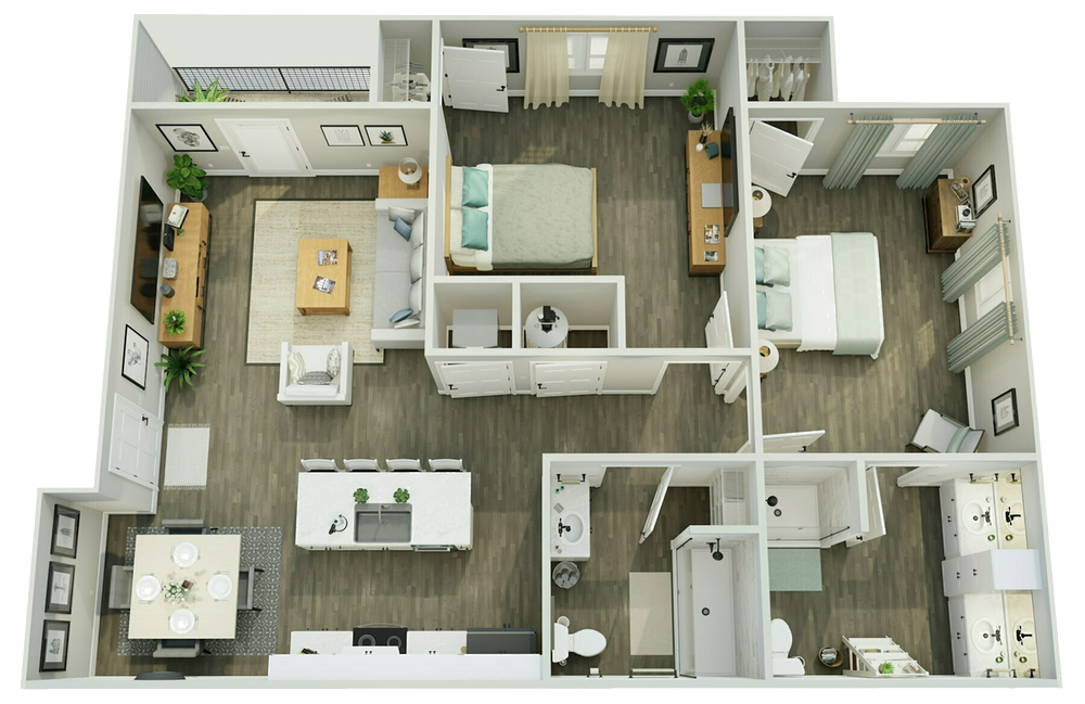 3D floor plan of a modern two-bedroom apartment with kitchen, living area, and two bathrooms.